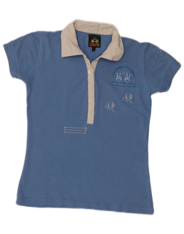 Damska graficzna koszulka polo La Martina UK 14, duża, niebieska, z blokami kolorów