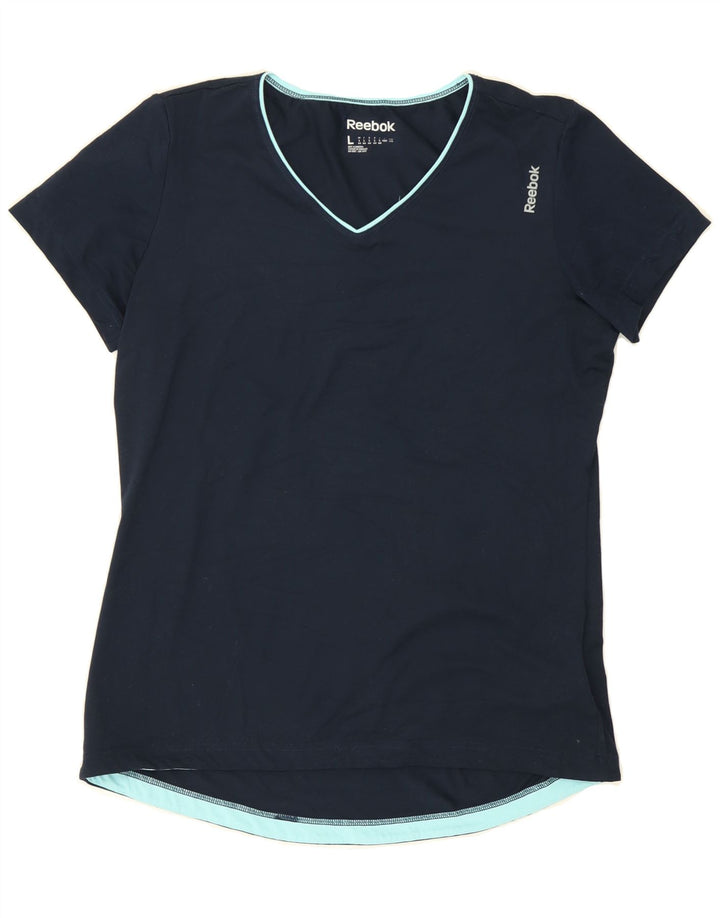 REEBOK Womens T-Shirt Top UK 16/18 Large Navy Blue Polyester Vintage Reebok and Second-Hand Reebok from Messina Hembry 