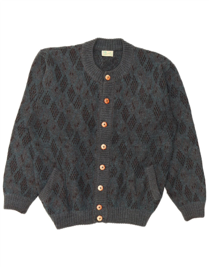 Vintage męski sweter rozpinany, duży, niebieski Argyle/diamentowa wełna z alpaki
