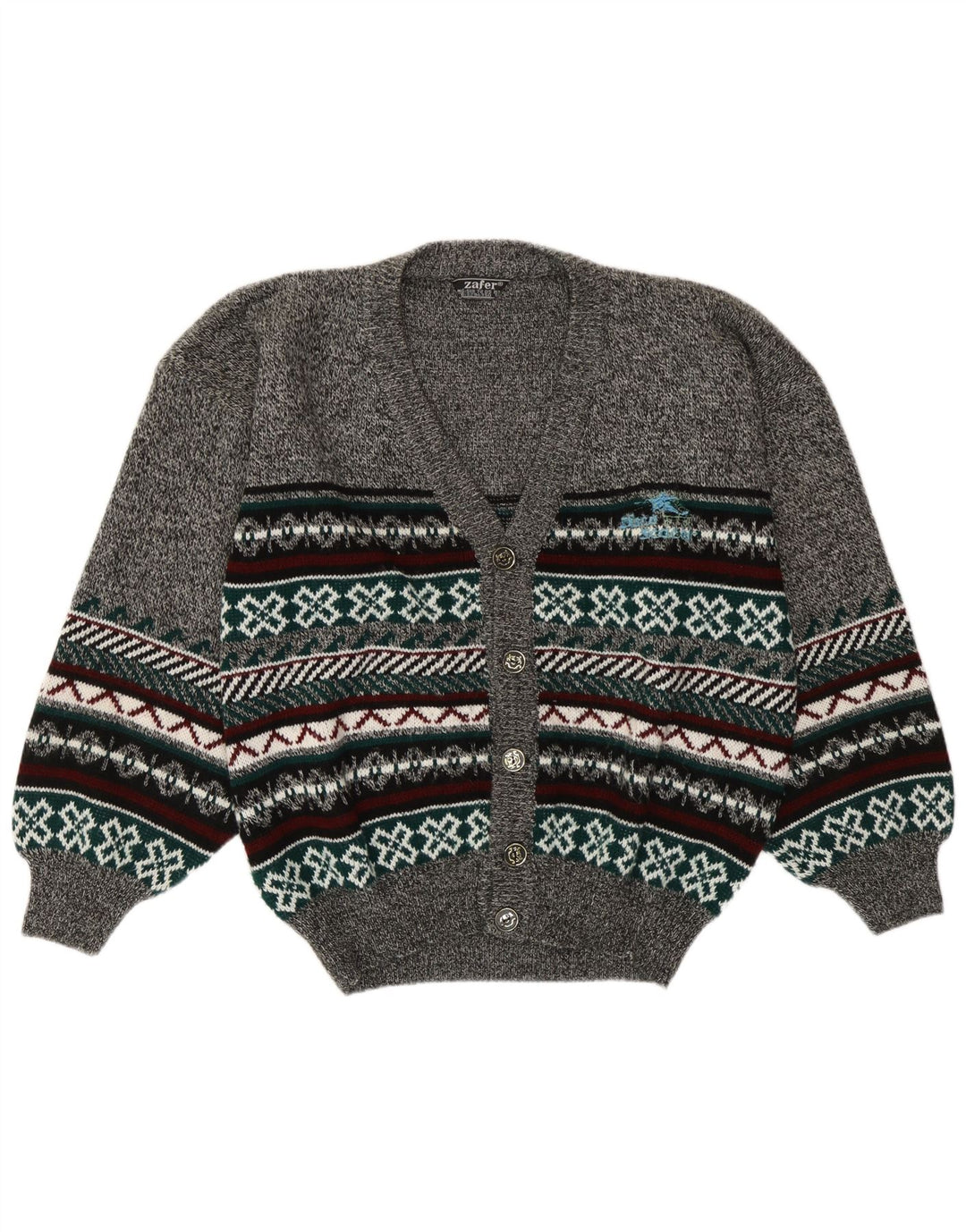 Vintage męski sweter rozpinany, duży, szary Fair Isle