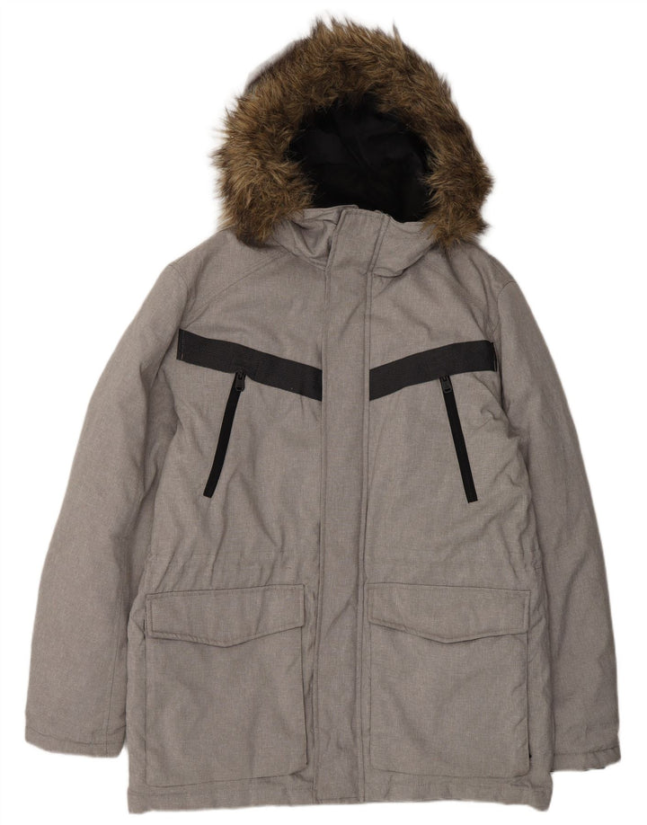 Męska ocieplana kurtka z kapturem Jack & Jones UK 40, duża, szara, z blokami kolorów