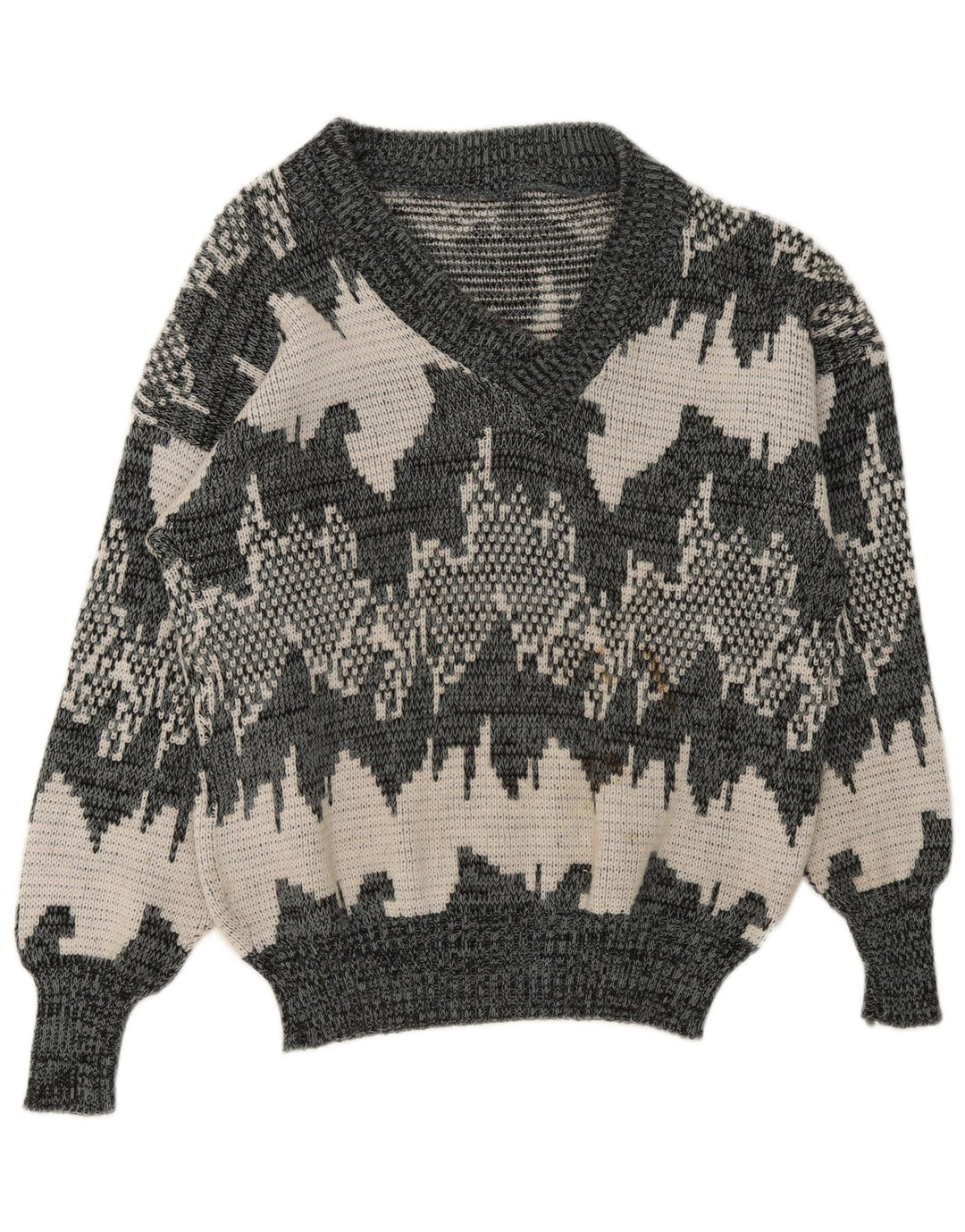 Vintage męski sweter z abstrakcyjnym wzorem w serek, średnio szary, geometryczny