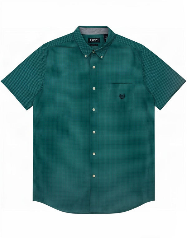 Chaps Mens Short Sleeve Custom Fit Shirt Large Green Check Cotton