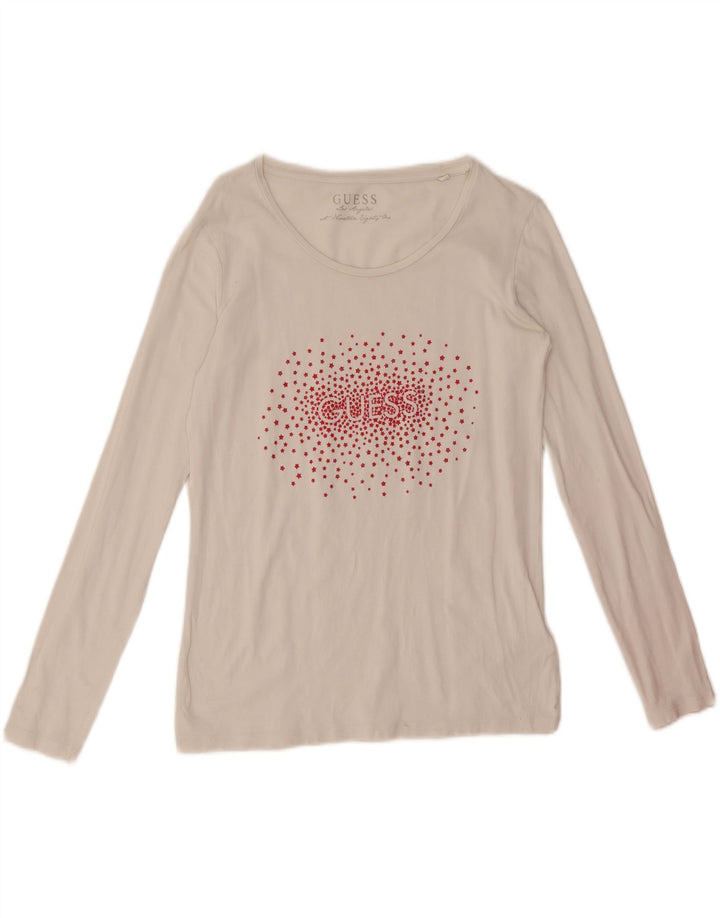 Damski top graficzny Guess z długim rękawem, UK 14, duży, biały, bawełniany