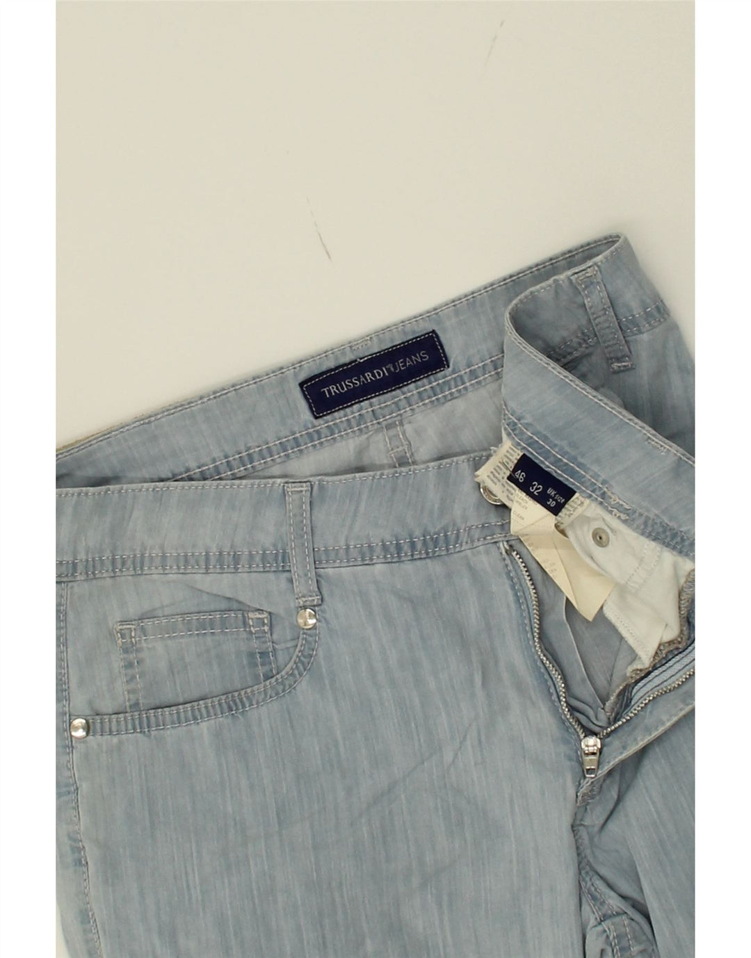TRUSSARDI Womens Bootcut Casual Trousers W30 L29  Blue Cotton Vintage Trussardi and Second-Hand Trussardi from Messina Hembry 