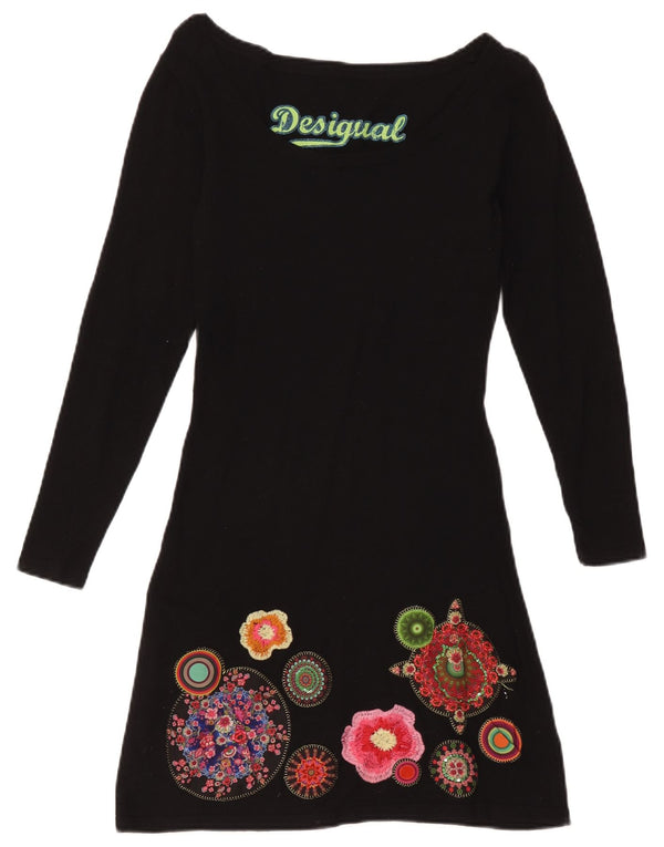 Desigual damska graficzna sukienka o linii A z długim rękawem UK 4 XS, czarna w kwiaty