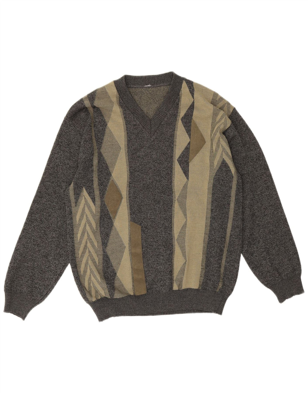 Męski sweter w stylu vintage z dekoltem w szpic, średnioszary, geometryczny, wełniany merynos