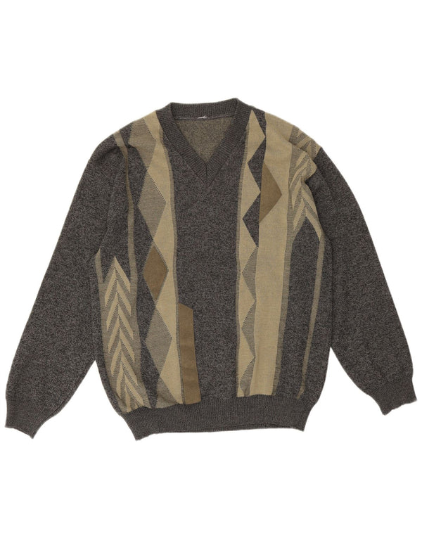 Męski sweter w stylu vintage z dekoltem w szpic, średnioszary, geometryczny, wełniany merynos