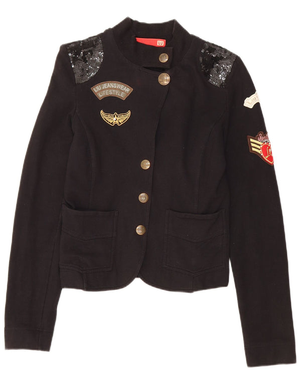 Damska marynarka LIU JO Crop Graphic z 4 guzikami, UK 6 XS, czarna bawełna