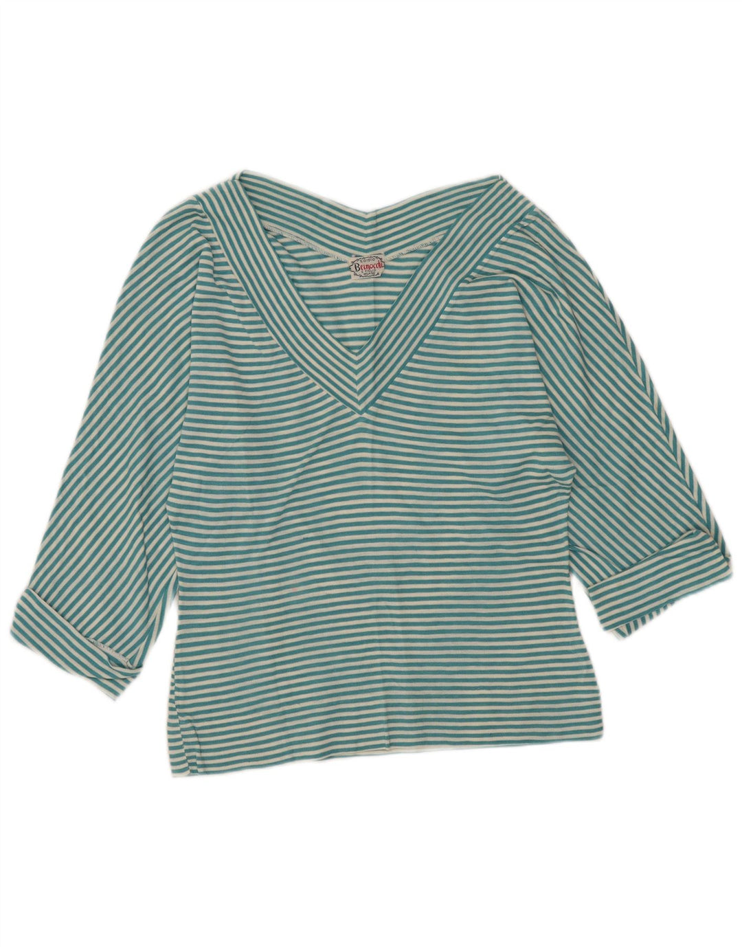 Vintage damski top z rękawem 3/4, UK 48 XL, turkusowe paski