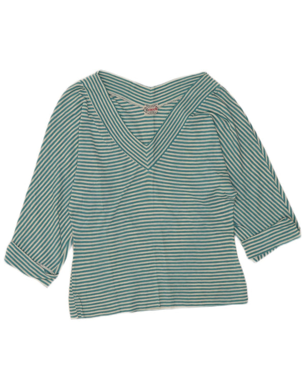 Vintage damski top z rękawem 3/4, UK 48 XL, turkusowe paski