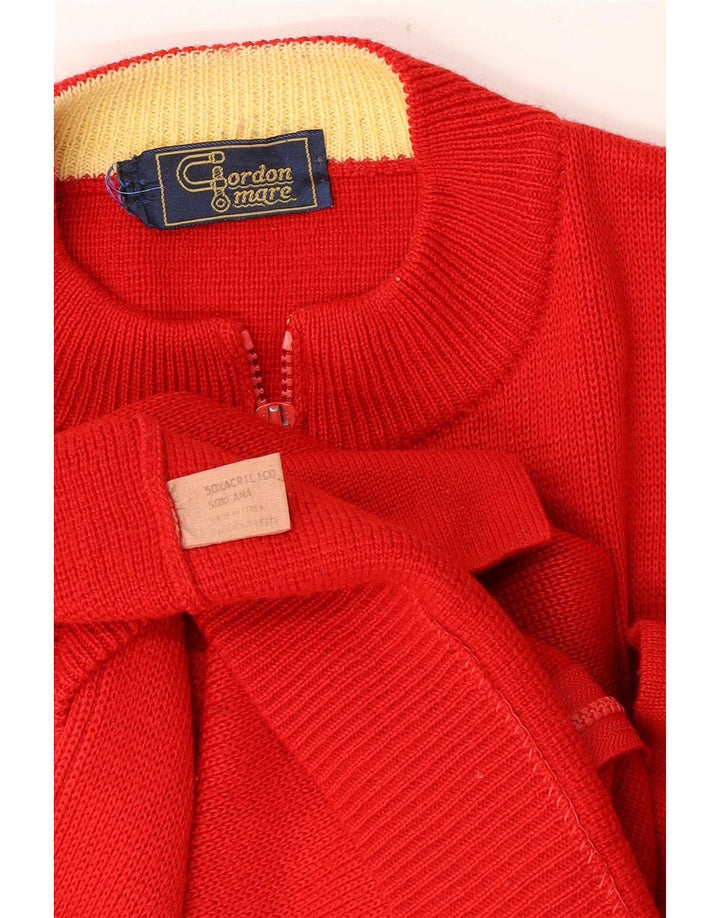 Vintage męski sweter rozpinany na zamek, średni czerwony, akrylowy blok kolorów