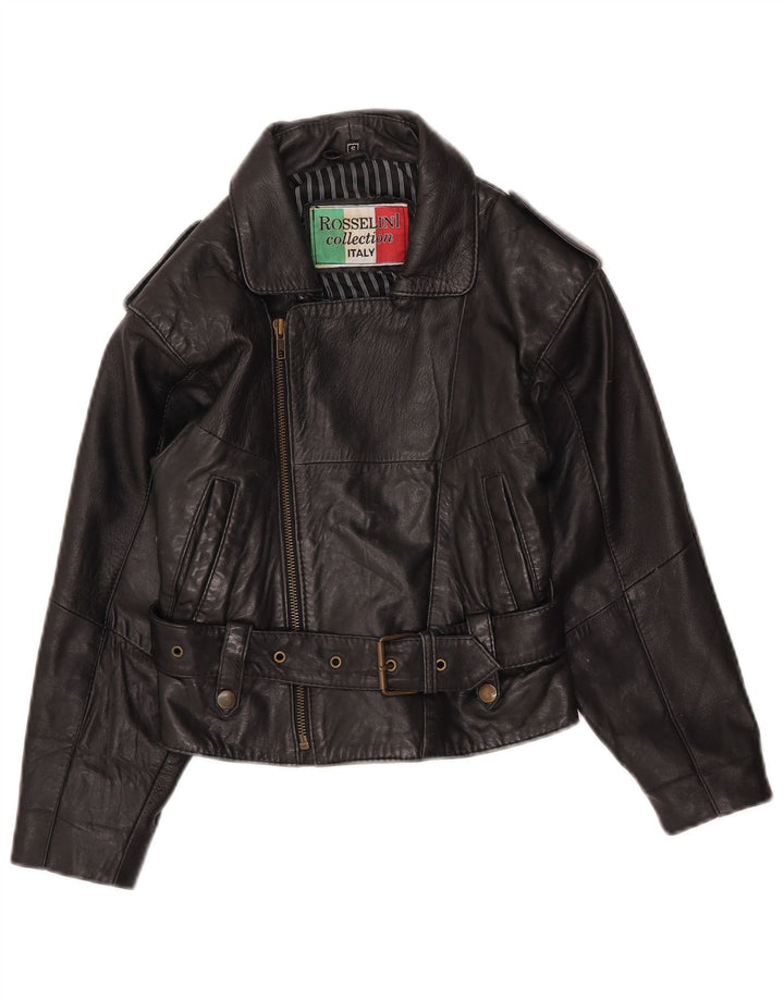 Vintage damska kurtka motocyklowa ze skóry Crop UK 8, mała czarna skóra