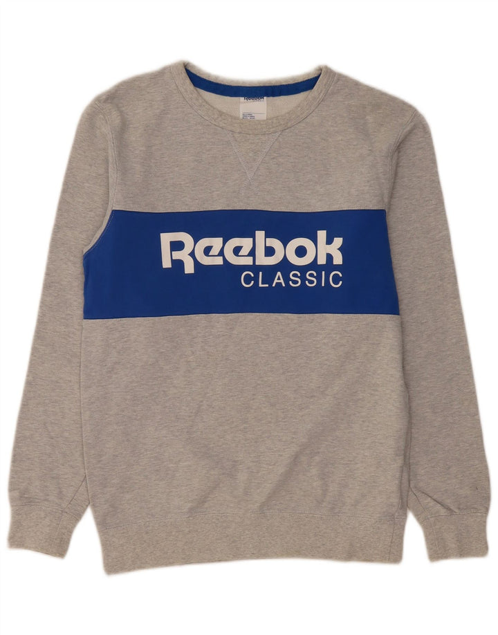 Męska bluza z grafiką REEBOK, mała, szara, bawełniana w bloki kolorów