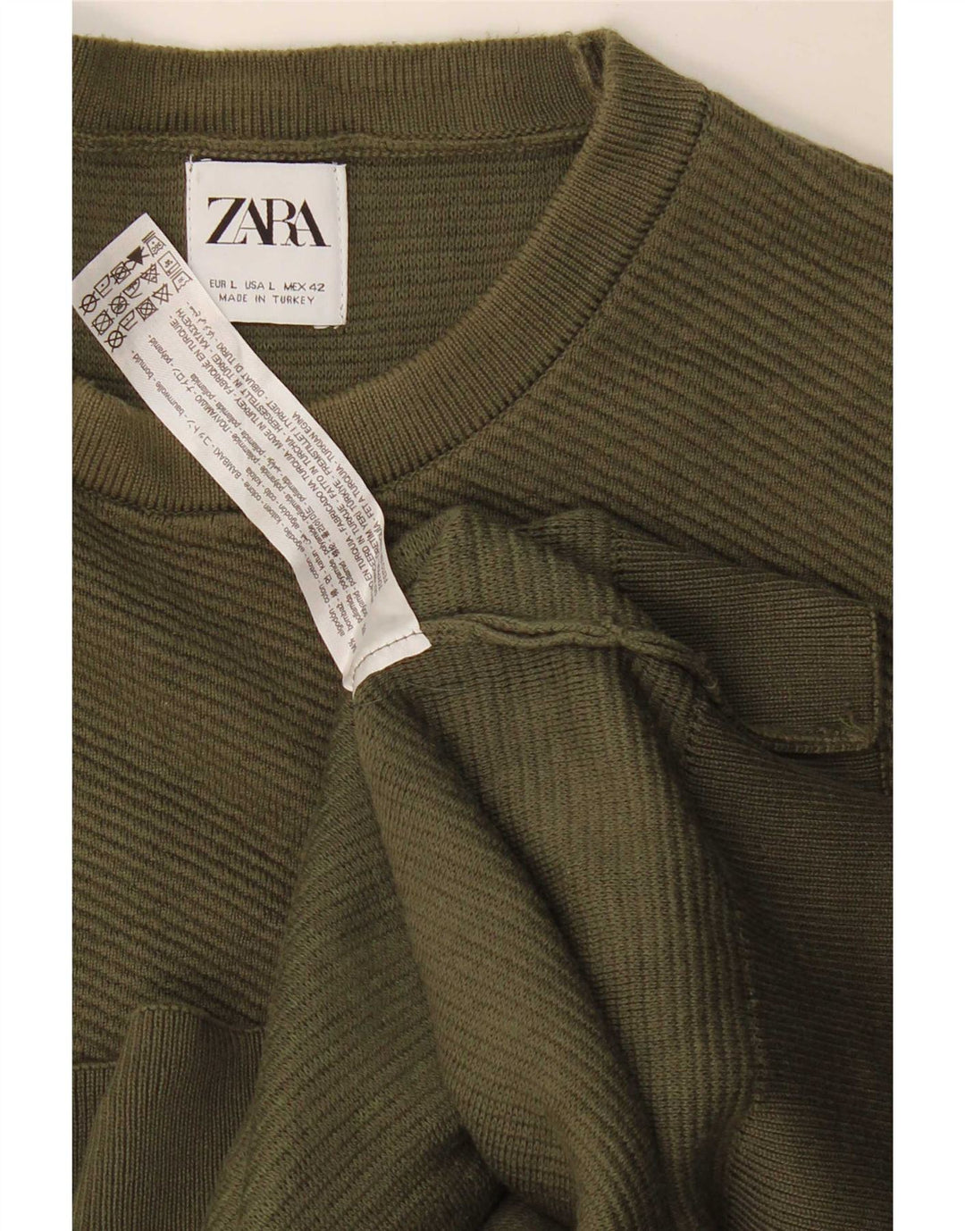 Męski sweter Zara z okrągłym dekoltem, duży, bawełniany khaki