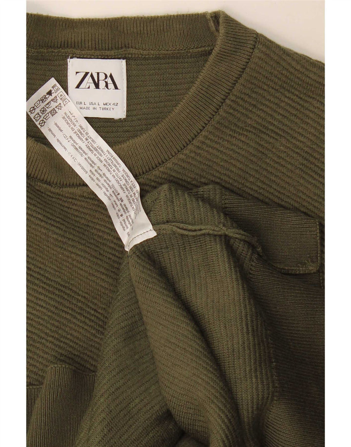 Męski sweter Zara z okrągłym dekoltem, duży, bawełniany khaki