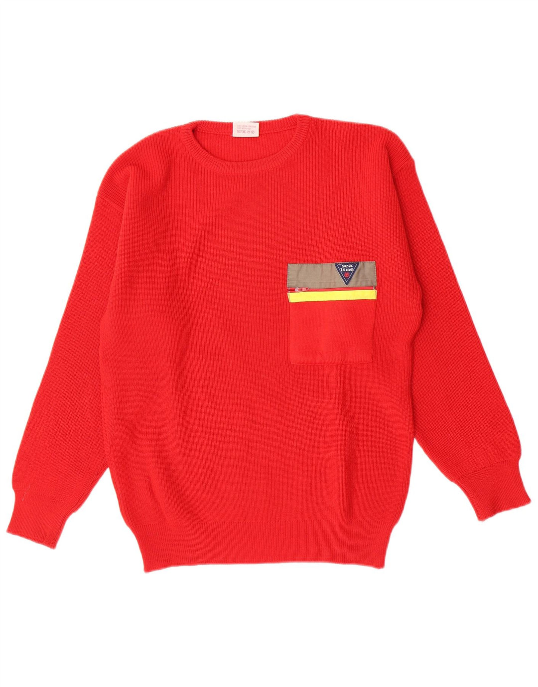 Męski sweter z okrągłym dekoltem w stylu vintage, średnia czerwona wełna dziewicza