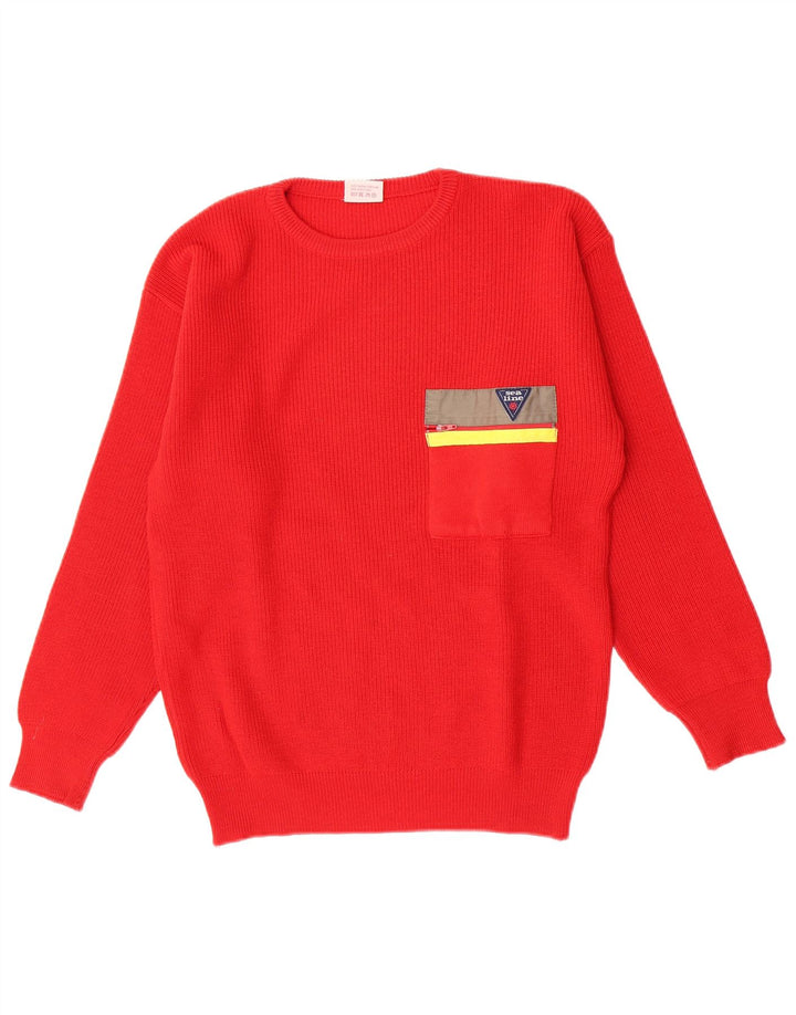 Męski sweter z okrągłym dekoltem w stylu vintage, średnia czerwona wełna dziewicza