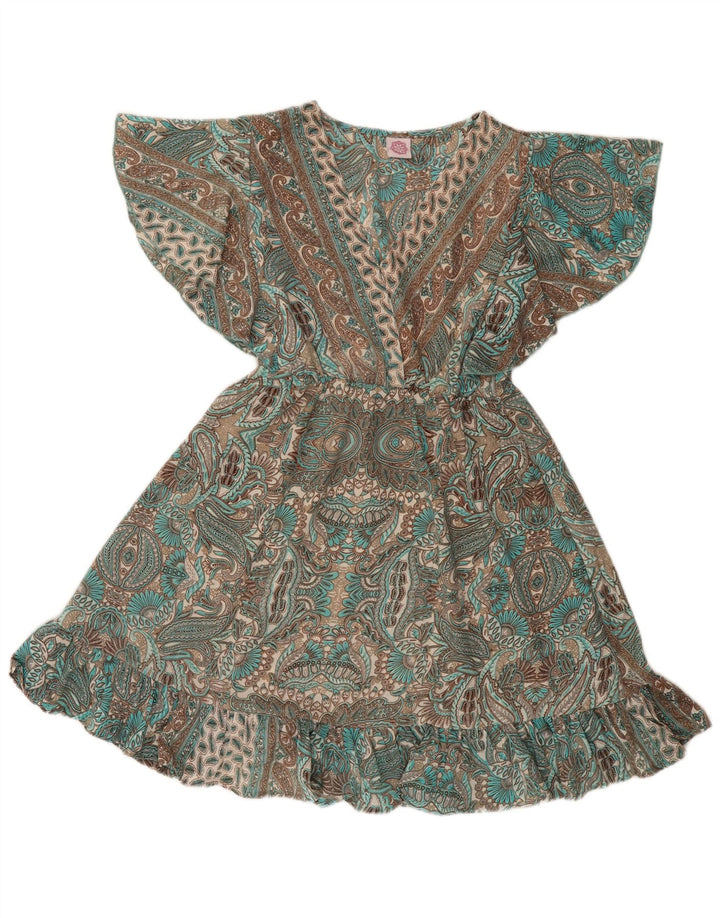 Vintage damska sukienka Empire UK 12, średni zielony poliester Paisley