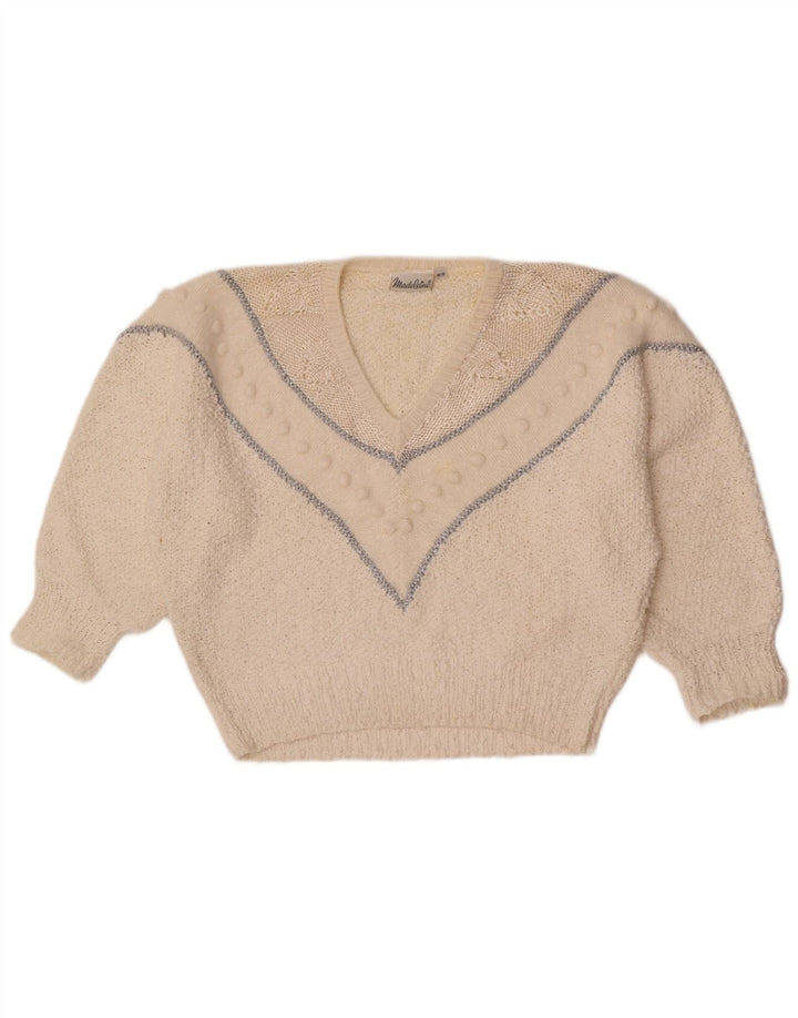 Sweter damski Madeleine z dekoltem w kształcie litery V, EU 36/38, w małe białe paski