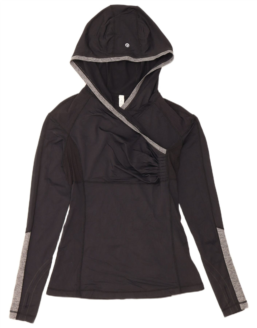 Lululemon Damski top z kapturem i długim rękawem, US 8, średni czarny nylon w blokach kolorów