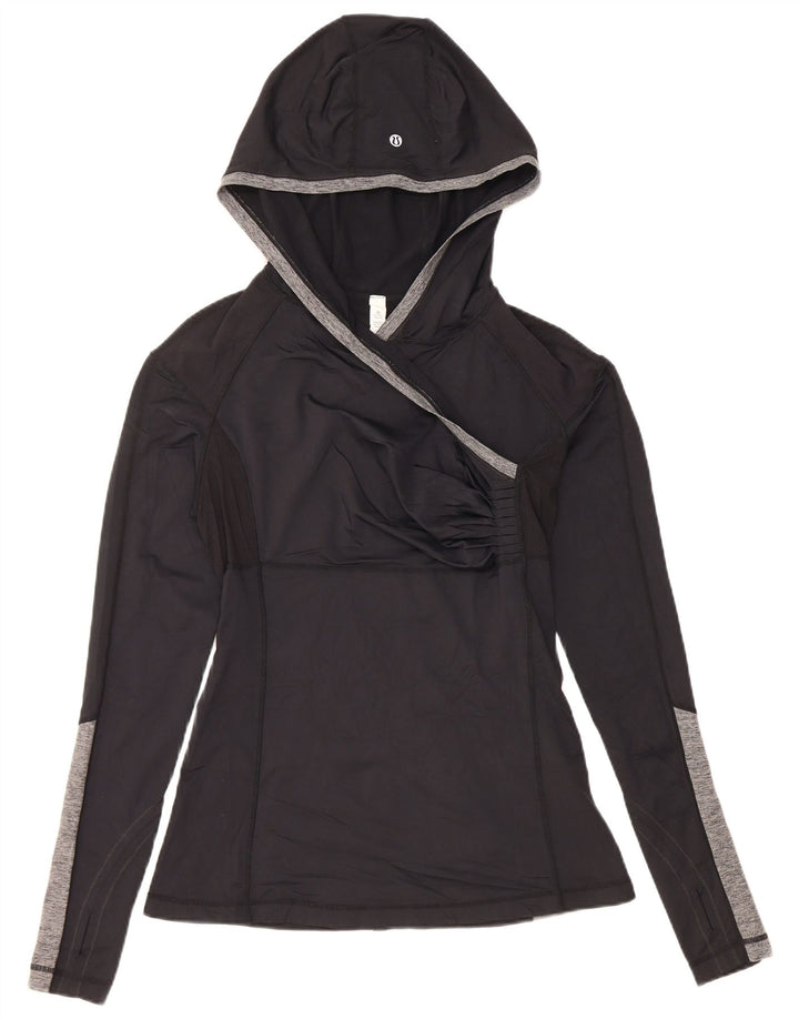 Lululemon Damski top z kapturem i długim rękawem, US 8, średni czarny nylon w blokach kolorów