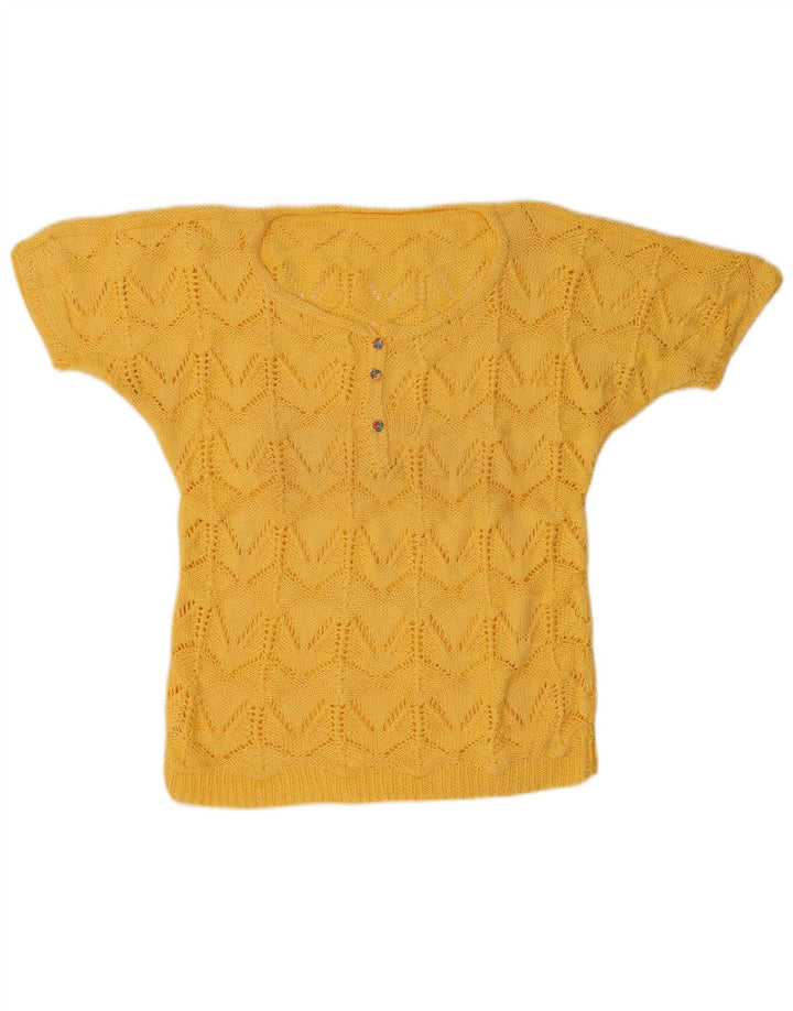 Sweter damski z krótkim rękawem i dekoltem w stylu vintage, UK 14, średni żółty