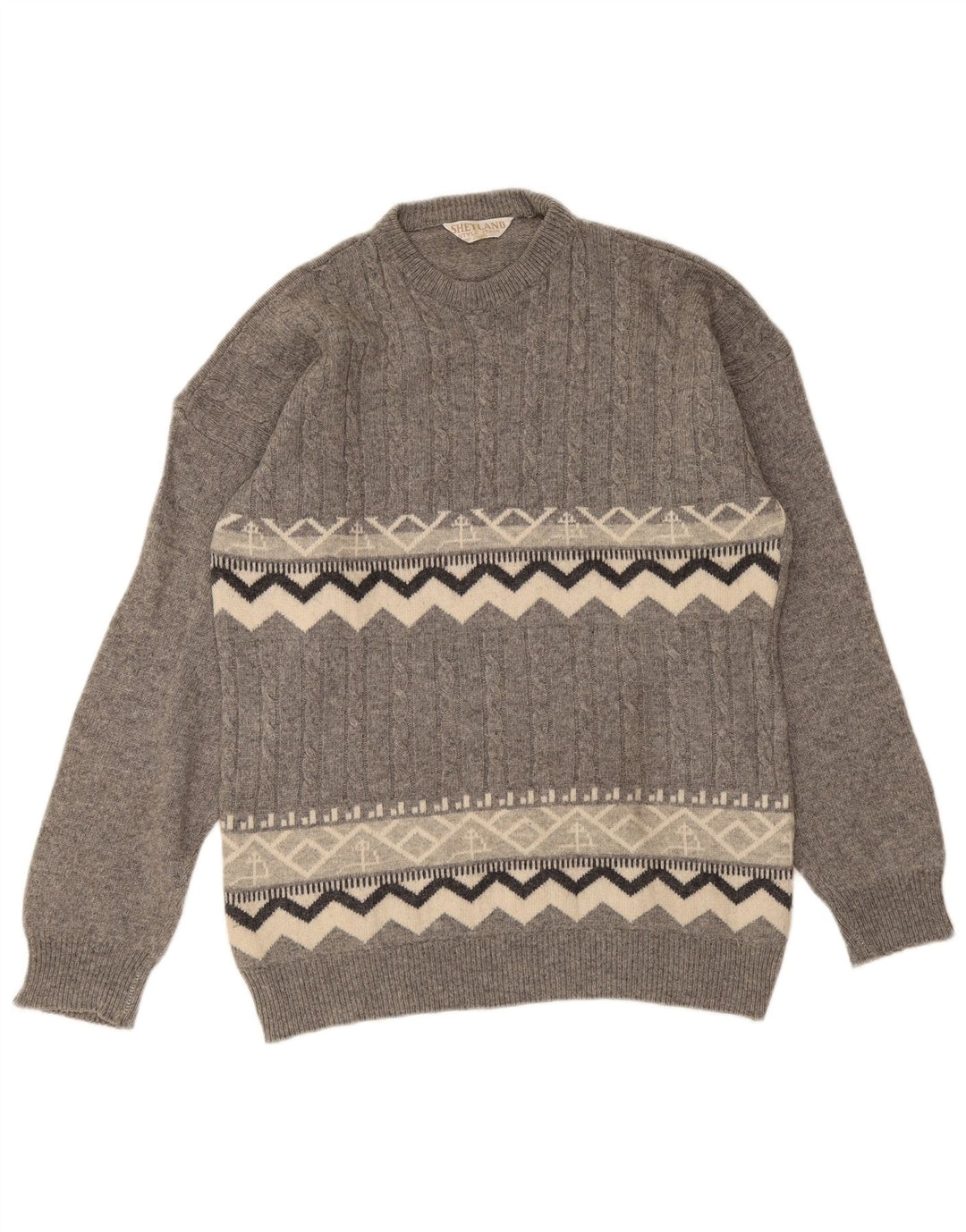 Vintage męski sweter z okrągłym dekoltem, średnioszary, geometryczny wełniany