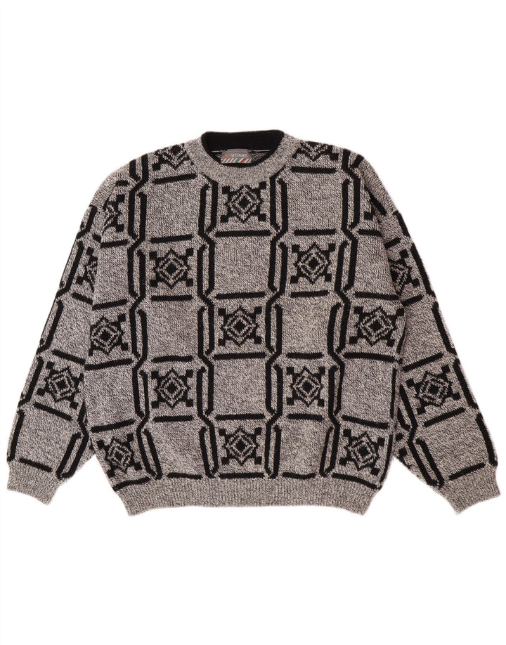 Męski sweter Stefanel z okrągłym dekoltem, duży, szary, geometryczny, wełniany