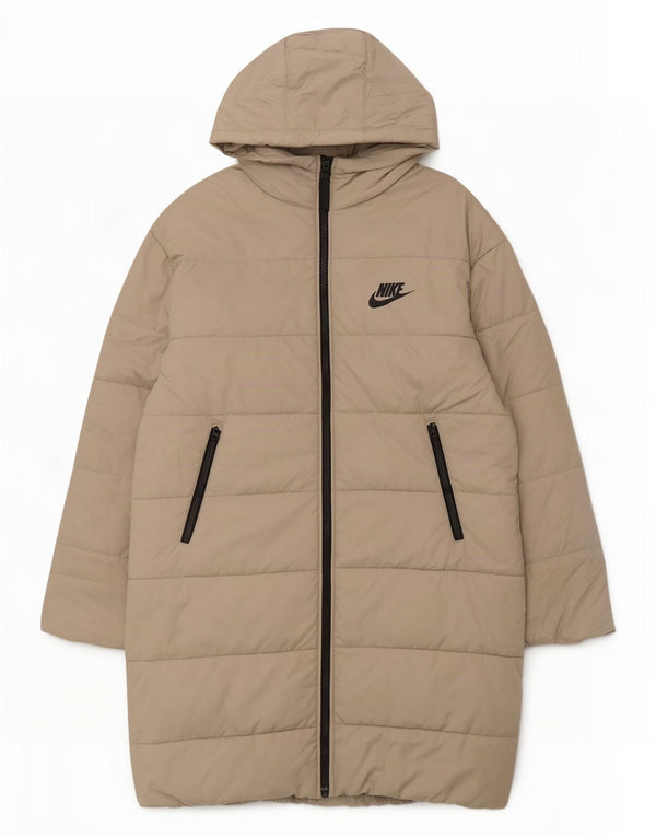 Damski płaszcz z kapturem, oversize, z grafiką, wyściełany, UK 6 XS, beżowy