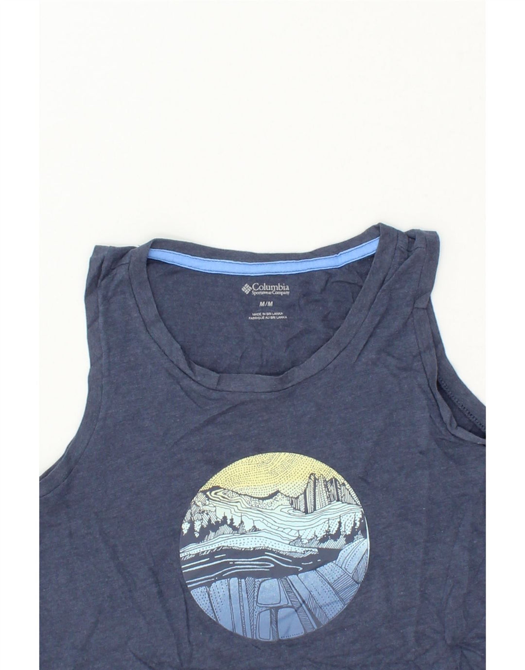 COLUMBIA Womens Graphic Vest Top UK 12 Medium Navy Blue Cotton Vintage Columbia and Second-Hand Columbia from Messina Hembry 