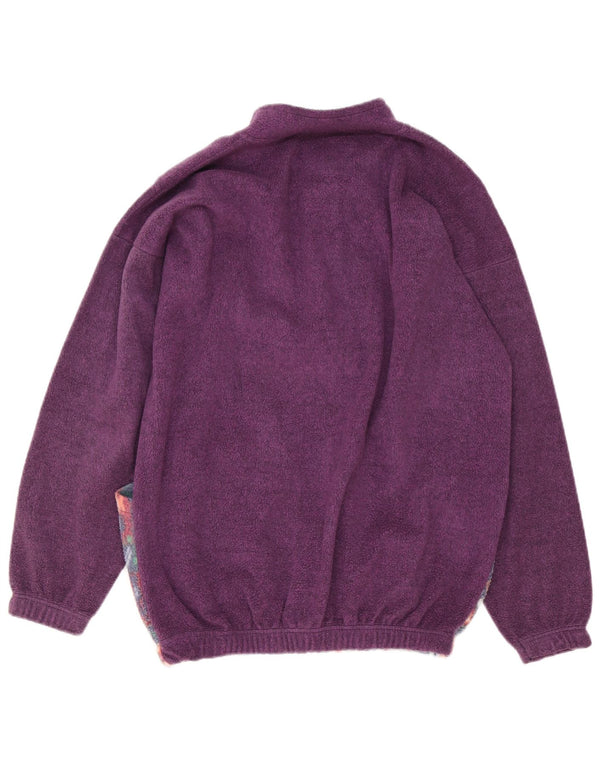 Vintage męski sweter polarowy z guzikami pod szyją, duży fioletowy geometryczny