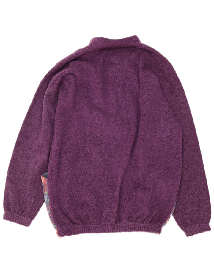 Vintage męski sweter polarowy z guzikami pod szyją, duży fioletowy geometryczny