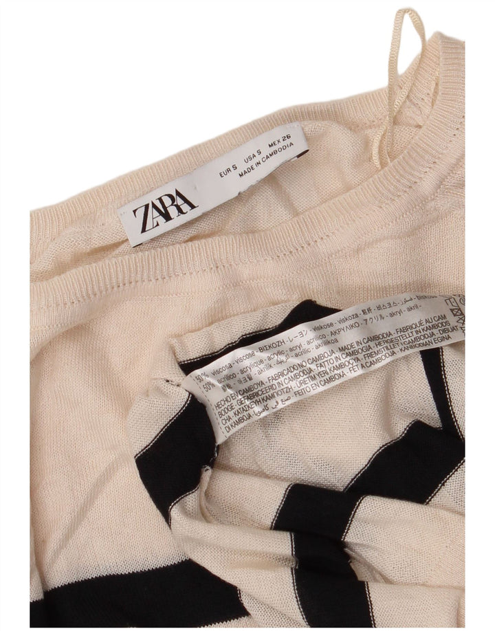 Damski sweter ZARA z krótkim rękawem i dekoltem w łódkę UK 10 w małe złamane białe paski