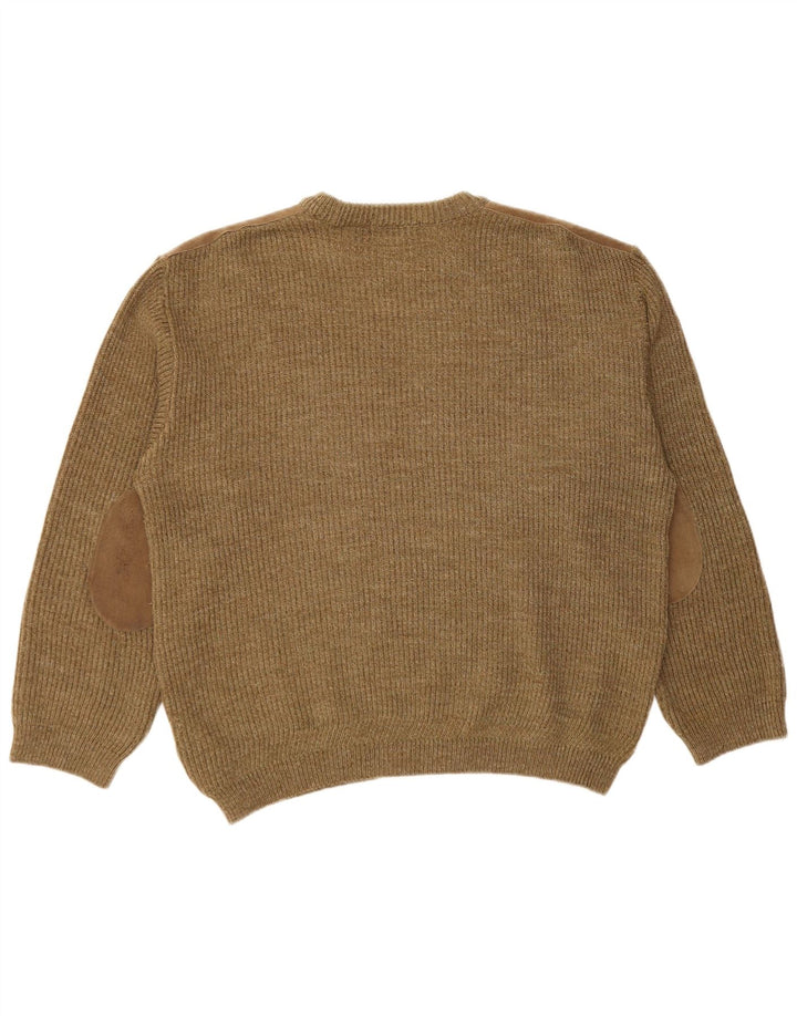 Marks & Spencer Męski sweter z okrągłym dekoltem, duża, wełniana khaki z blokami kolorów