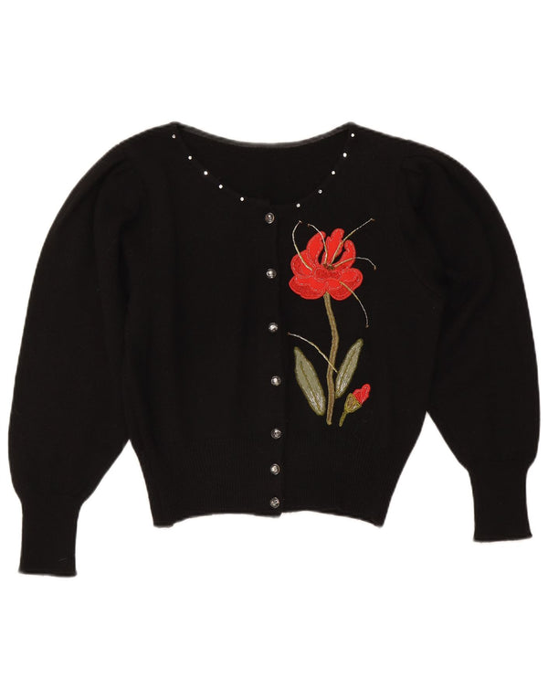 Sweter damski w stylu vintage, krótki kardigan UK 14, średni czarny w kwiaty