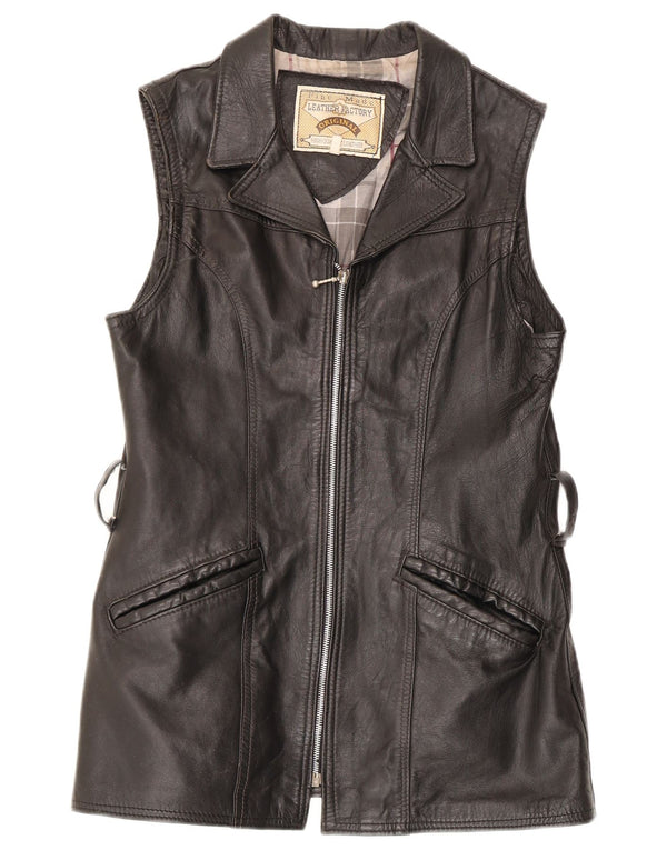 Vintage Womens Leather Gilet UK 14 Large Black Leather