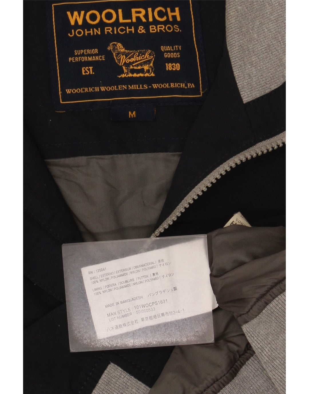 Męska kurtka bomber Woolrich UK 38 Średni granatowy nylon z blokami kolorów