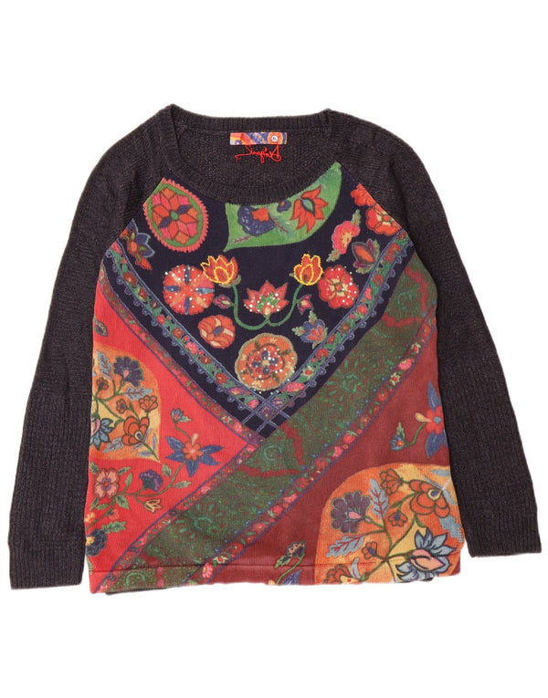 DESIGUAL Damski sweter z dekoltem w łódkę UK 18 XL Szary w kwiaty