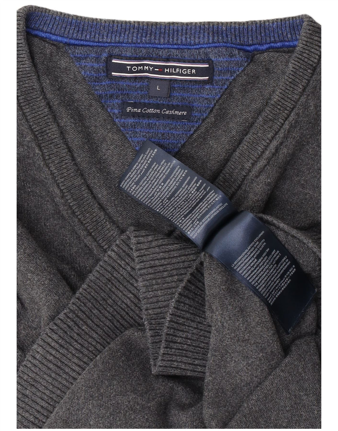 Męski sweter Tommy Hilfiger z dekoltem w kształcie litery V, duży, szary, bawełniany