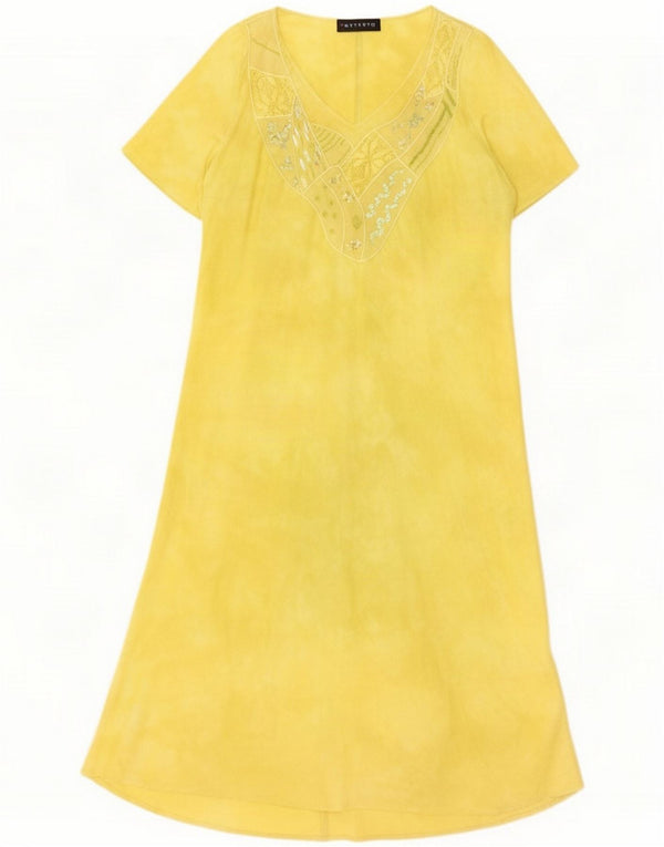 Damska sukienka maxi w stylu vintage UK 16, duża, żółta, lniana w kwiaty