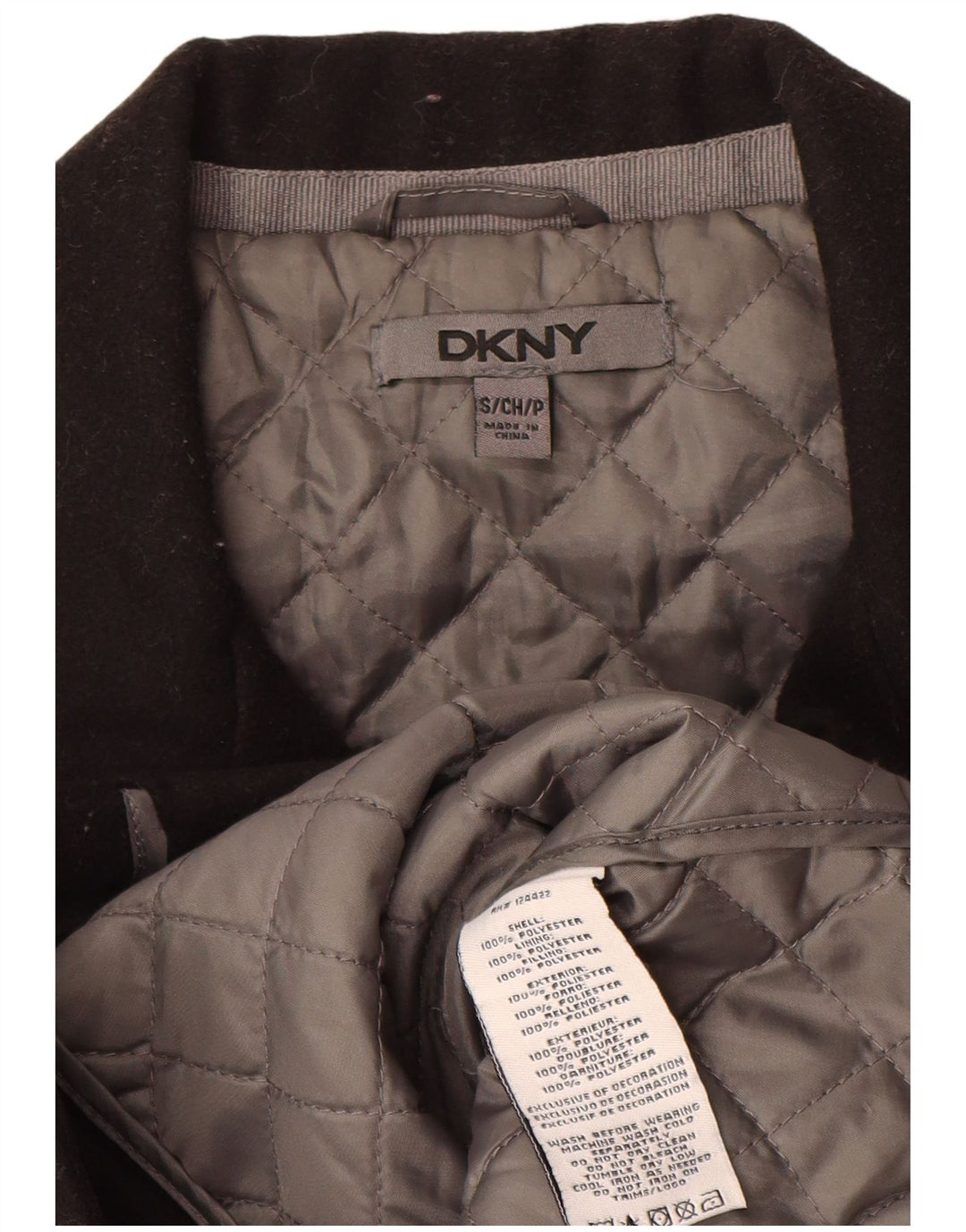 Dkny damski płaszcz grochowy UK 10, mały, czarny poliester z blokami kolorów