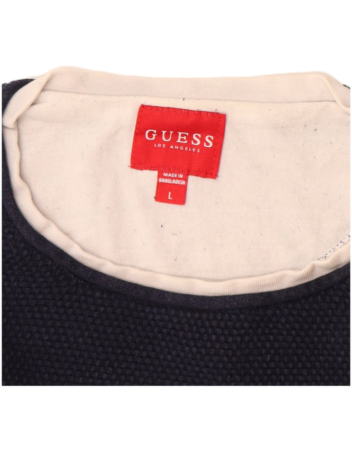 Guess Męski sweter z okrągłym dekoltem, duży, granatowy, bawełniany