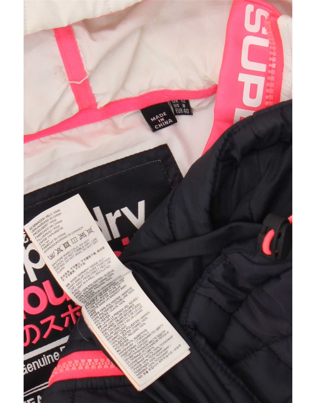 Damska ocieplana kurtka z kapturem Superdry UK 12, średni granat, blok kolorów