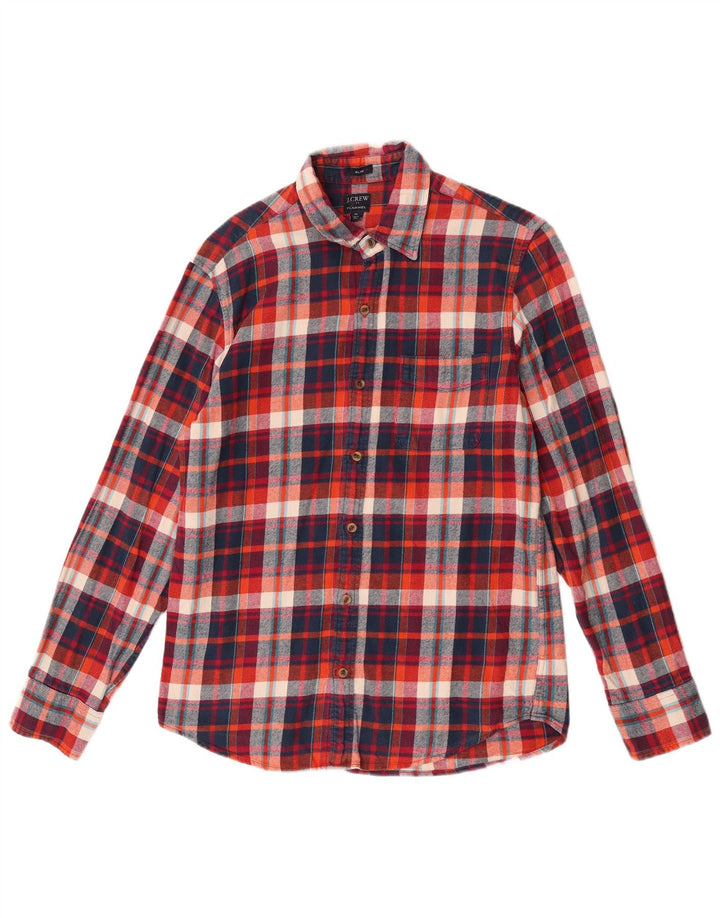 J. Crew Męska wąska koszula flanelowa, bawełniana w średnią czerwoną kratkę