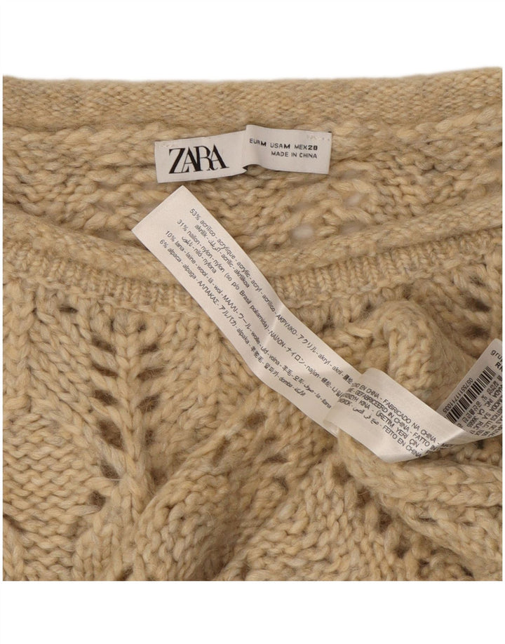 Damski sweter ZARA Crop Prześwitujący sweter z dekoltem w łódkę UK 14 Średni Beż