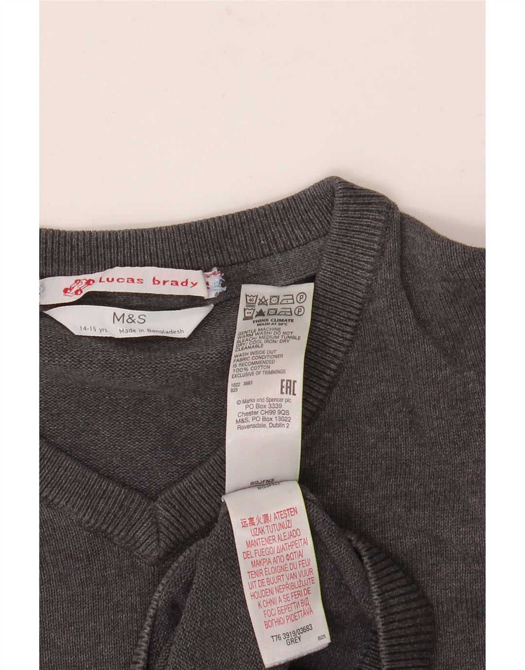 Marks & Spencer Chłopięcy sweter z dekoltem w kształcie litery V, 14-15 lat, szary, bawełniany