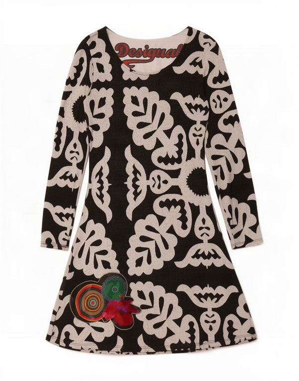 Desigual damska sukienka o linii A z długim rękawem UK 10, mała czarna w kwiaty, poliester