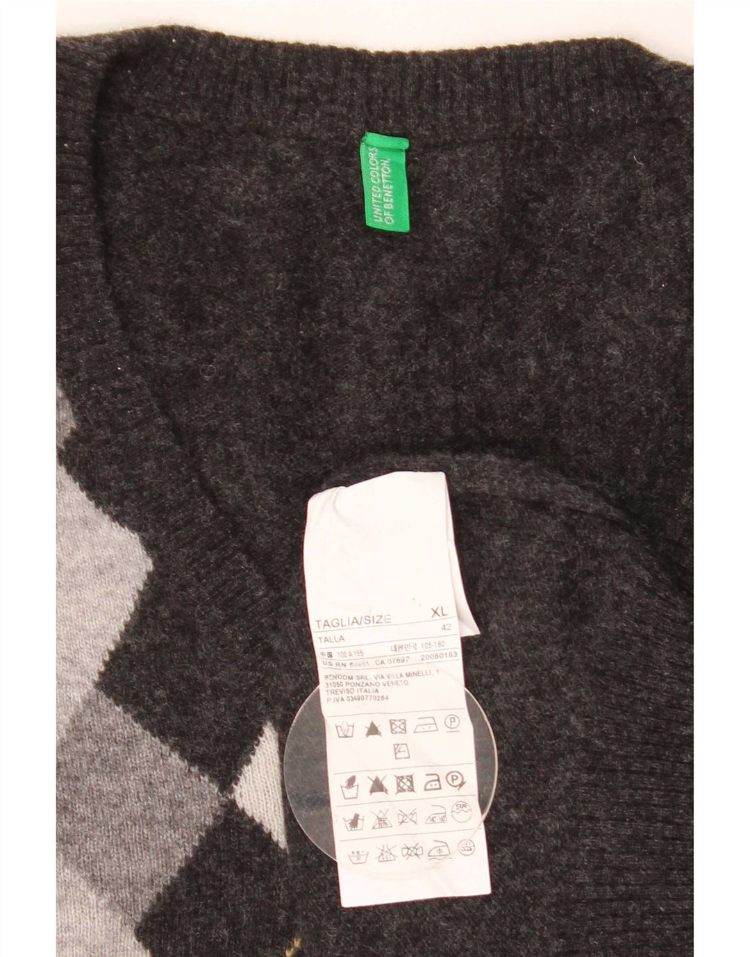Męski sweter Benetton z dekoltem w kształcie litery V, XL, szary Argyle/diamentowa wełna