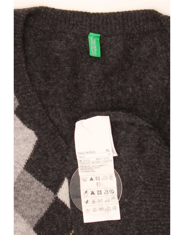 Męski sweter Benetton z dekoltem w kształcie litery V, XL, szary Argyle/diamentowa wełna